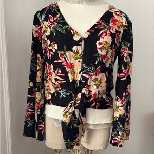 Roxy Black Floral Top with Red and Pink Accents sz L